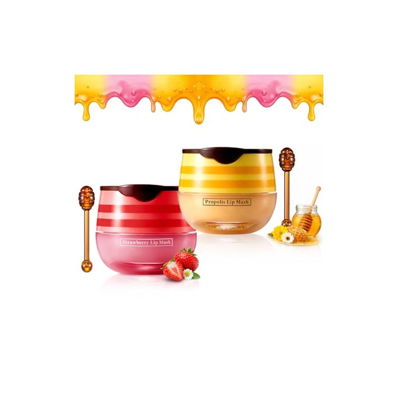 Strawberry & Honey Lip Mask Set with Applicator Brush, Vitamin