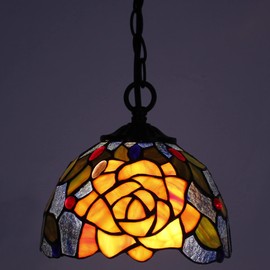 Small Tiffany Pendant Light Stained Glass Plug in Hanging Lamp 8 Inch Adjustable Height Hanging Chandelier Pendant Fixture for Home Kitchen Island Dining Room Hallway (Purple Yellow Rose Style)