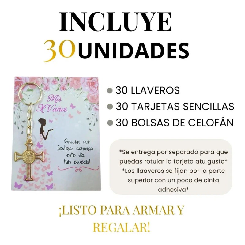 30 Llaveros San Benito Recuerdo De Xv Años Color Rosa