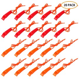 AUGSUN 20 Pcs Emergency Safety Whistle Plastic Whistles Set with Lanyard,Red and Orange