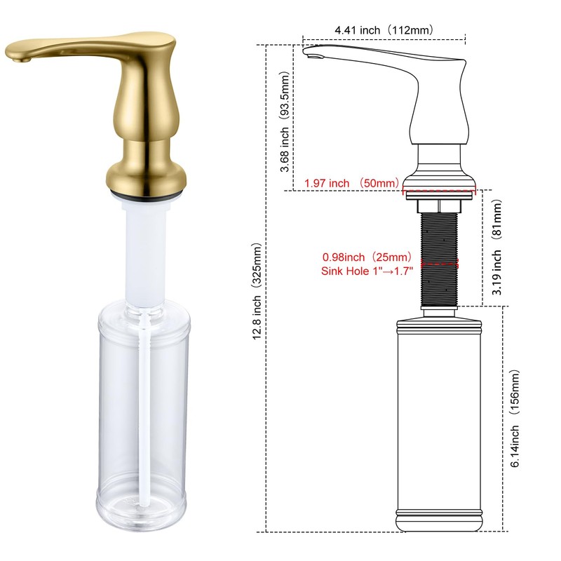 GAGALIFE Kitchen Sink Soap Dispenser Gold, Built in Soap Dispenser
