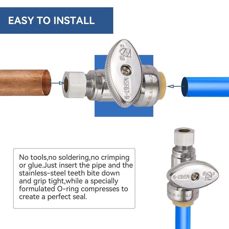 GUOFIS Push Fit 1/4 Turn Straight Stop Valve,1/2 Push X