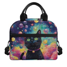 POLERO Cat Lunch Bag Kids Girls Back to School Thermal Lunch Box with Shoulder Strap Cute Galaxy Cooler Bag for Picnic