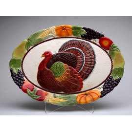 Fine Ceramic Thanksgiving Harvest Turkey with Pumpkin, Corn, Grapes, Apple & Pear Designs Platter, 12-3/4" * 18"