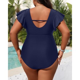 Yonique Trajes de baño de talla grande para mujer, traje de baño de una pieza con control de abdomen y volantes, Azul marino, 24 Plus