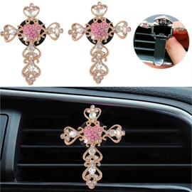 Pink Red Cute Car Dashboard Vent Accessories Decorations Interior Ornaments Gifts Bling Crucifix Cross for Women, 2 Pack