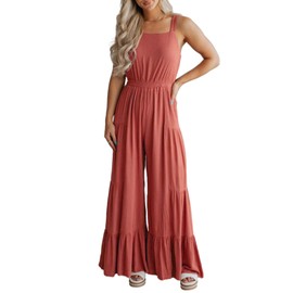 BLENCOT Sleeveless Jumpsuits for Women Summer Casual Loose Overalls Jumpsuit Ruffle Wide Leg Long Pant Flowy Rompers Pink Medium
