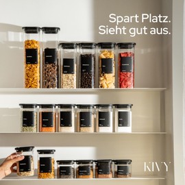 KIVY Square Storage Jars [2 x 1800 ml] + Labels - Stackable & Airtight Storage Jars with Lid - Pasta Jars with Lid - Spaghetti Storage Glass Large - Noodle Glasses