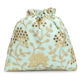 LONGING TO BUY Indian Embroidered Pearl Potli Bag For Women, Sequence Design with Tassel, Wedding Potli Bags (SKY BLUE-2)
