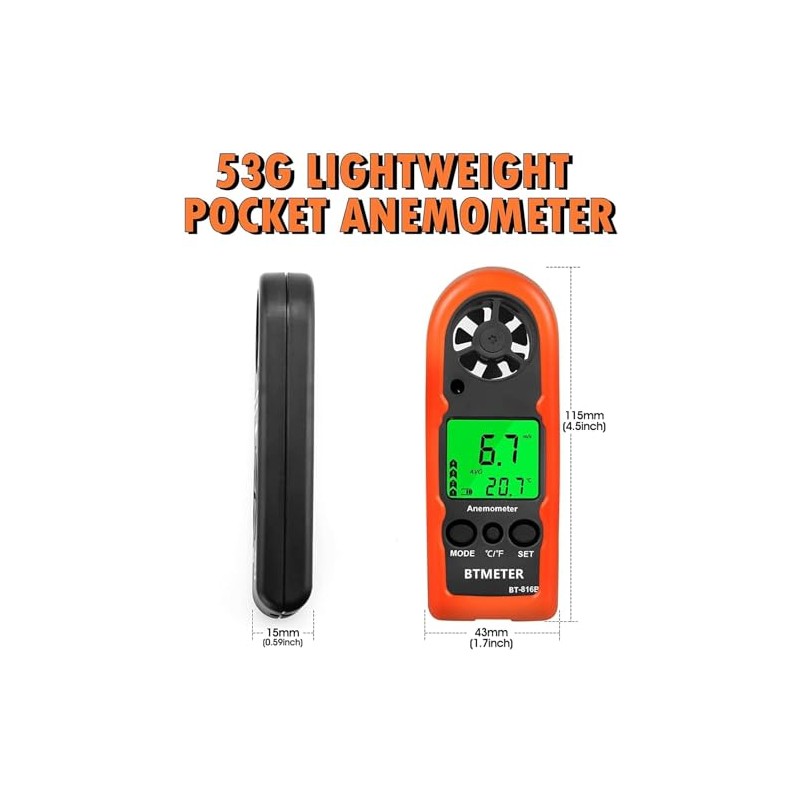 Anemometer Handheld Wind Speed Meter, BT-816B Mini Digital Air Flow