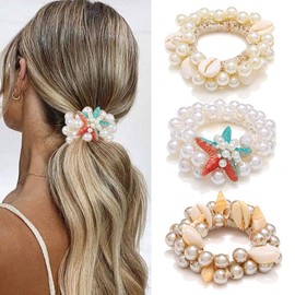 CAKURE Pearl Hair Ties Seashell Scrunchies Starfish Ponytail Holder Shell Hair Accessories for Women