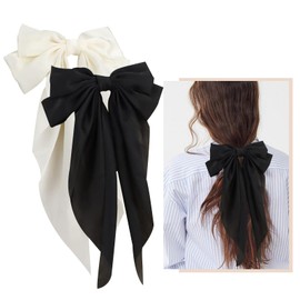 Aikeis Silky Satin Hair Bows Large Hair Bows for Women Oversized Hair Bows Long Tail Hair Bow (Black/White)