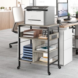 Amyove Printer Stand with Charging Station, Large Printer Table with Storage, PC Tower Stand, 4 Tier Rolling Printer Stand with Wheels for Desktop CPU, Small Space, Home Office, Rustic Grey