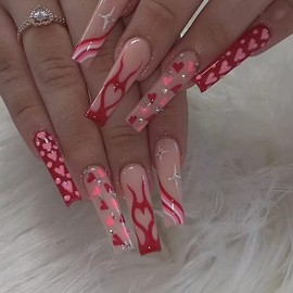 BAOYAALIN Valentines Day Press on Nails Long Coffin Red Fake Nails with Flames Heart Design Rhinestones Full Cover Valentine Acrylic Glue Artificial Press Stick ons Nail for Women Manicure 24PCS