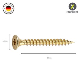 Innonexxt® Premium chipboard screws, milling ribs, cut tip - yellow, galvanised patio, wood and universal screws made in Germany, internal serration.