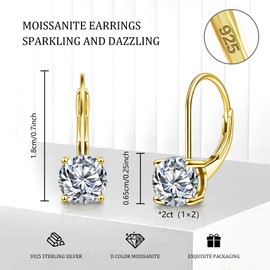 Moissanite Earrings, White Gold Plated Soild Sterling Silver Dangle Earrings for Women, 1.0/2.0ct D Color Cut Lab Created Diamond French Leverback Hoop Gold Moissanite Earring for Women