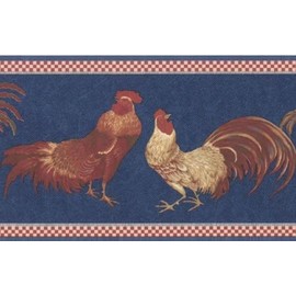 CONCORD WALLCOVERINGS ™ Wallpaper Border Country Pattern Roosters for Kitchen Cottage Farmhouse, Blue Red Brown Beige, 15 ft by 7 in KCB82072