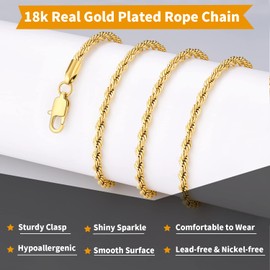 Fasongo 18K Real Over Gold Chain Necklace for Men Women Boy, 3mm Rope Chain Necklace Gold Chain Durable & Sturdy Men's Chain Necklaces 20inch