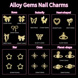 150 Pcs Cross Star Gold Nail Charms, Butterfly Bows Alloy Gold Nail Charms and Gems, Planet HeartY2K Metal Nail Art Charms for Nail Art Design DIY Supplies Accessories