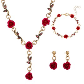 ZAMXHUG Romantic Red Roses Flower Leaf Jewellery Set - Necklace Earrings Bracelet Set for Women Bridal Jewellery Wedding Bridesmaid Jewellery Set for Women Girls, Metal