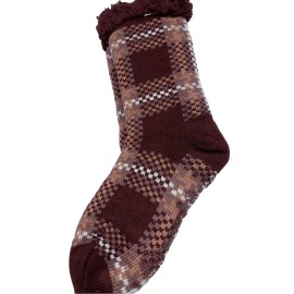 MUK LUKS Burgundy Plaid Shea Butter Faux Shearling Cabin Socks S/M 6-8 New