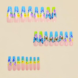 QQPPOLIU Long Coffin Press on Nails with Flower Design Fake Nails Butterfly False Nails Glue on Nails for Women 24pcs