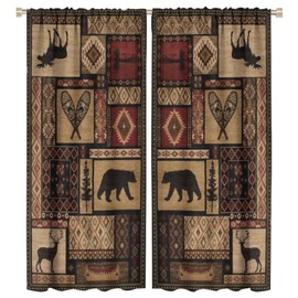 Rustic Moose Deer Curtain, Retro Rustic Bear Country Style Rustic Cabin Windows Curtain for Kitchen Bedroom Living Room 42x45inch