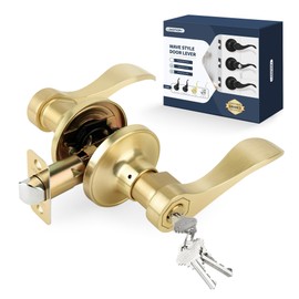 LOQRON Wave Style Gold Door Handles with Lock and Key (Keyed Differently), Brushed Gold Keyed Entry Door Handle, Reversible Door Lever for Bedroom and Bathroom, Satin Brass,1 Pack