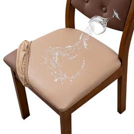 YUEANG Waterproof Seat Covers for Dining Room Chairs Set of 4 - PU Leather Removable Washable Chair Seat Slipcovers (Khaki)