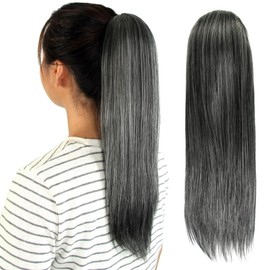 SERENDIPA Ponytail Extension, Short Straight Drawstring Pony Tail 16 Inch, Clip in Sleek Natural Fake Synthetic Hairpieces (Salt and Pepper)