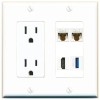 Wall Plate City 2 CAT6 HD USB-3 Port Wall Plate w/Power Outlet White