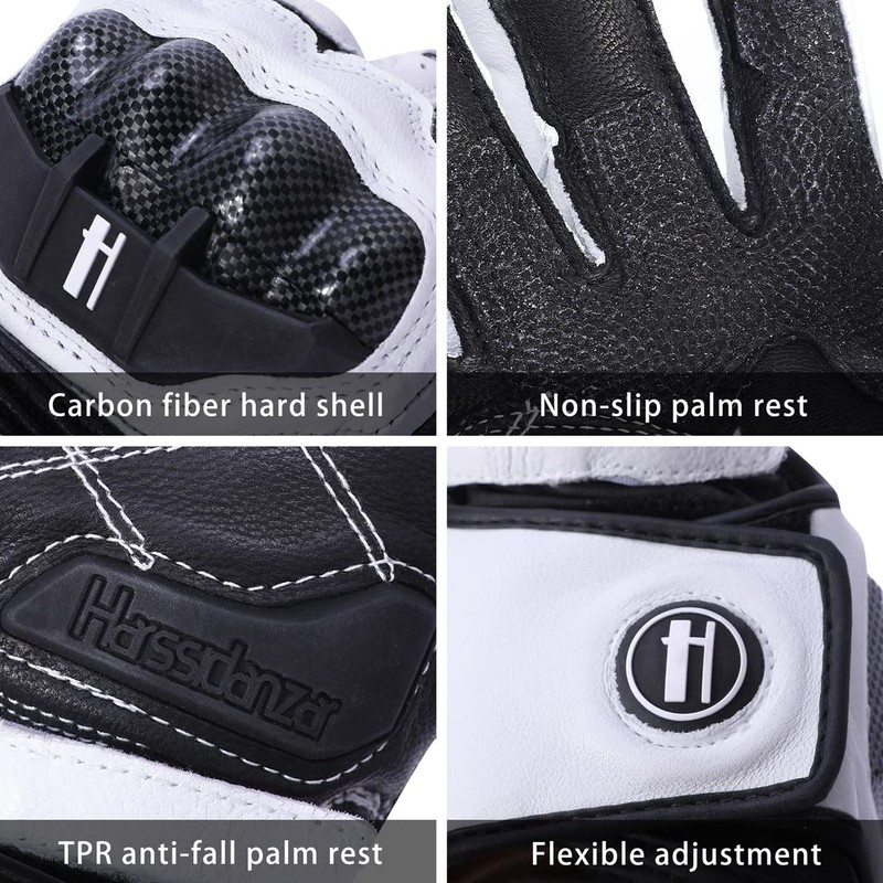 Harssidanzar Carbon Fiber Leather Motorcycle Gloves KM045UK White Black XXL