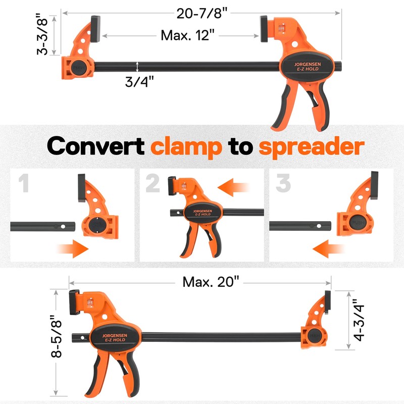 Jorgensen Bar Clamps For Woodworking, 12" 2-Pack One-Handed Clamps/Spreader with