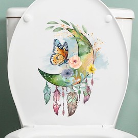 Moon Feather Butterfly Flowers Toilet Cover Sticker Decals,Moon Flower Leaf Waterproof Toilet Lid Tank Seat Decals Cistern Self-Adhesive Bathroom Wall Sticker