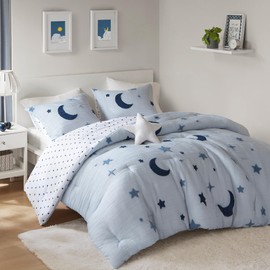 Intelligent Design Kids Cosmos Full Size Comforter Set – Blue Star and Moon Tufted Chenille, Reversible 4-Piece Bedding with Star Pillow, Full/Queen