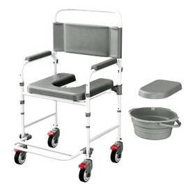Littneo Bedside Commode with Wheels, Shower Wheelchair with 300 LBS Weight Capacity, Portable Toilet with Bucket for Elderly and Disabled