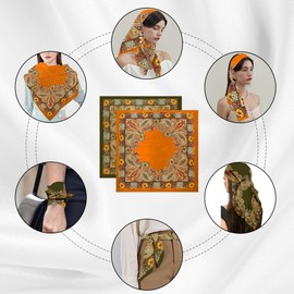 ReignSword 35” Large Square Head Scarf for Women, 2 Pcs Like Silk Hair Fashion Scarves, Silk Bandana Scarf for Hair Wrapping (Green, Yellow), Green, Medium