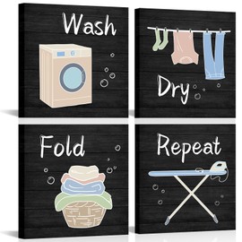 Visual Art Decor Laundry Sign - Wash Dry Fold Decorations, Framed 12x12inchx4Pieces (Black)