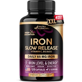 Iron Supplement for Women - Iron 65mg (Ferrous Sulfate 325mg) - Stomach Friendly | Slow Release Iron | High Absorption - Vitamins C, D3, B6, B12 & Folate - Iron Level & Energy Support - 120 Capsules
