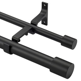 Double Curtain Rods 36-72", Matte Black Double Curtain Rods with Cap Finials, Adjustable 1 Inch Front and 5/8 Inch Back Double Drapery Rod, Telescoping Double Rods Curtain Rods