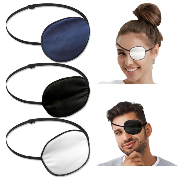 WSERE 3 Pieces Elastic Soft Silk Eye Patches for Adults Lazy Eye Amblyopia Strabismus, Black White Navy Blue Adjustable Medical Eye Patch for Left Eye Right Eye