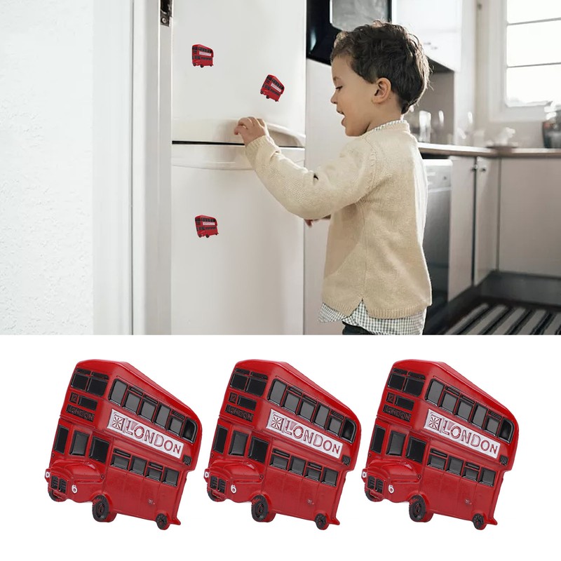 3Pcs Bus Fridge Magnet Red Bus Design Bright Colors Magnetic