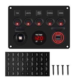 5 Gang Rocker Switch Panel for Boat, Marine Switch Panel Waterproof, 12V Switch Panel, Aluminum Toggle Switches for Car Rv with 4.2A Dual USB Port Voltmeter (Red)