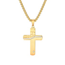 YIFSIY Stainless Steel Cross Pendant Necklace, 60cm Chain, Unique Cracked Design with Tiny Crystal, 18K Yellow Gold Plated Religious Jewelry for Men & Women