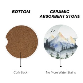 Forest Mountain Car Cup Coaster 2 Pack Ceramic Absorbent Car Coasters 2.56 Inch Non-Slip Car Cup Holder Interior Car Accessories for Women Girls Cup Mats with Cork Base and Finger Notch