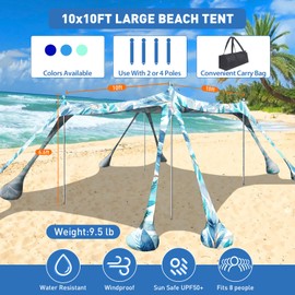 Wabolay Beach Tent Canopy Pop Up Shade 10x10ft Sun Shelter Portable Family UPF50+ with 8 Sandbags-2 Sand Shovel-4 Aluminum Poles-Ground Pegs-Carrying Bag for Outdoor Camping Fishing Backyard Picnic