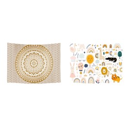 Ulticool Tapestry Decoration Home - Rainbow Animals Mandala Bohemian Hippie - Beige Gold - Set of 2 Designs - 73cm x 95cm - Wall Cloth
