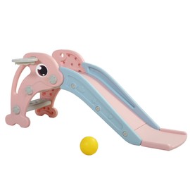 2 in 1 Toddler Slide with Basketball Hoop, Pink, Indoor Outdoor Playset - Extra Long Slide