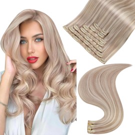Easyouth Real Hair Extensions Clip in Human Hair Blonde Highlight Clip in Extensions 16 Inch 120g 7Pcs Ash Blonde Clip in Hair Extensions Clip in Blonde Hair