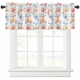 Pink Floral Valance Curtains for Kitchen Window 54x18 Inch,Red Blue Yellow Flowers Leaves Pattern Rod Pocket Small Curtain for Living Room Rustic Farmhouse Valances for Windows/Bathroom/Bedroom